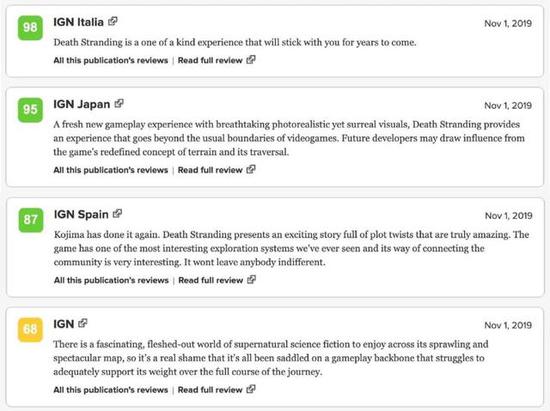  除了IGN本部，其他分部都给了游戏非常高的评价