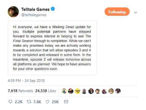 Telltale官方表示《行尸走肉：最终季》最后两章还可以抢救一下