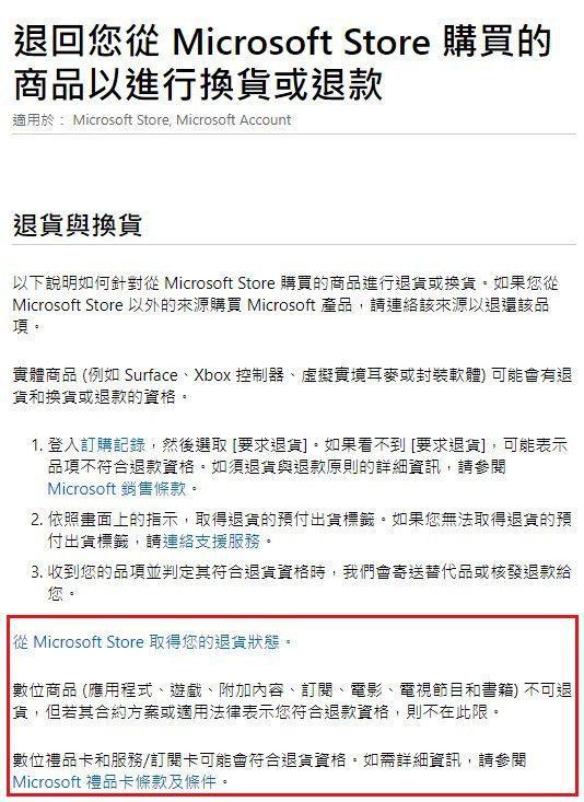 比如Microsoft Store的政策条款中明确数位商品不可退货