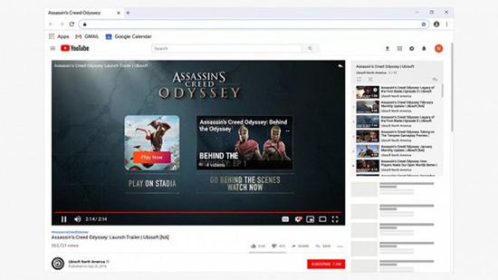 Stadia被整合到YouTube中的例子，即观看《刺客信条奥德赛》（Assassin's Creed Odyssey）预告片，然后立即玩这个游戏，只需点击按钮即可