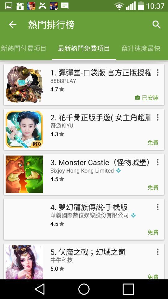 图1.12月份台湾版弹弹堂安卓最新热门免费项目榜-游戏类排行第一