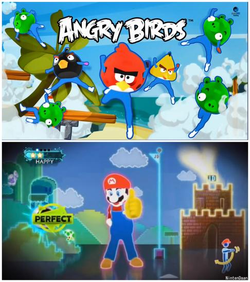 图3：《舞力全开》游戏与超级马里奥、愤怒小鸟等知名IP合作的画面截图