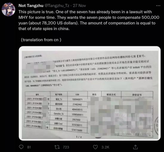 推文内容：七人之一已经和米哈游打了一段时间的官司