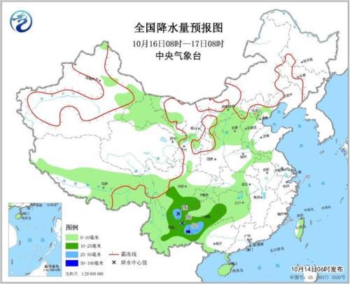 　图4 全国降水量预报图（10月16日08时-17日08时）