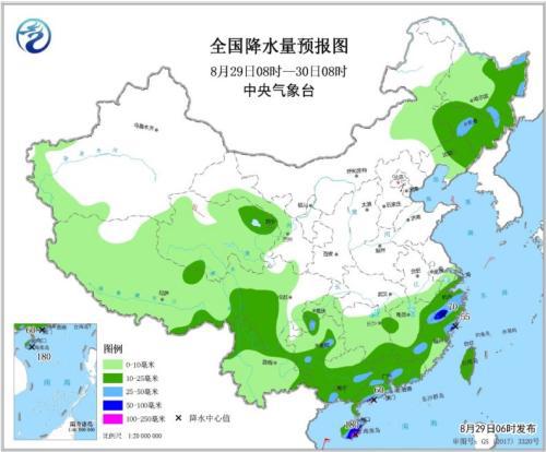 全国降水量预报图(8月29日8时-30日8时)
