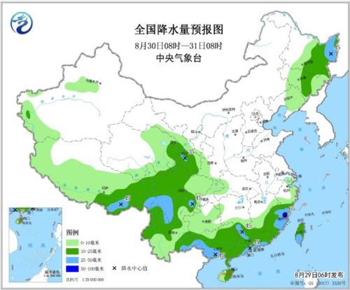 全国降水量预报图(8月30日8时-31日8时)