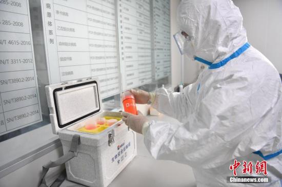 　2月18日，四川国际旅行卫生保健中心（成都海关口岸门诊部）卫生检疫综合实验室检测人员身穿防护服在负压实验室进行新型冠状病毒核酸检测。张浪 摄