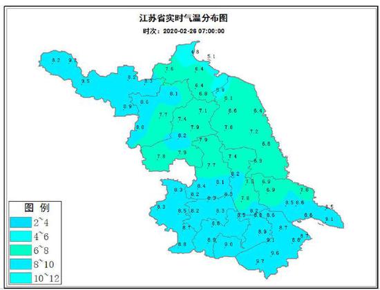 江苏气象部门发布的实时气温分布图。26日早上，全省气温骤降。江苏气象供图