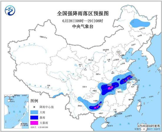 图1 全国强降雨落区预报图（6月28日08时-29日08时）