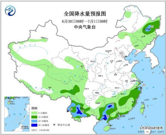 图4 全国降水量预报图(6月30日08时-7月1日08时)