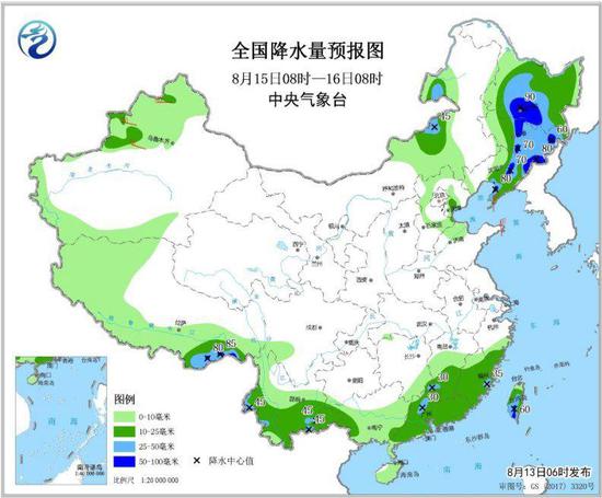 图6 全国降水量预报图（8月15日08时-16日08时）