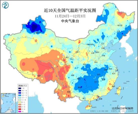 近10天全国气温距平实况图 来源：中央气象台