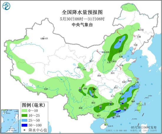 全国降水量预报图（5月30日08时-31日08时） 图片来源：中央气象台网站