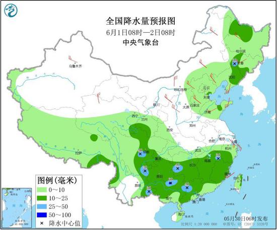 全国降水量预报图（6月1日08时-2日08时） 图片来源：中央气象台网站