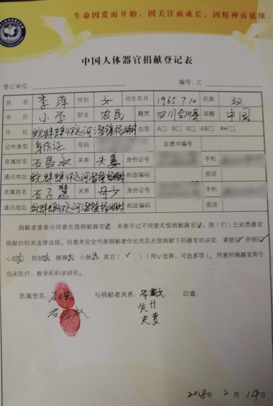 李萍丈夫和女儿签名的《中国人体器官登记表》,上面的登记单位和编号均是空白,也未盖印章。 受访者供图