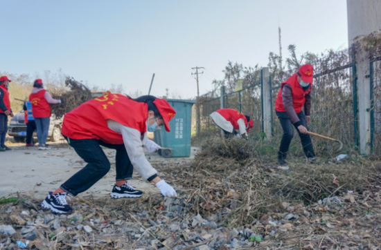 图为志愿者在商合杭高铁经铜闸镇塔岗村沿线清除垃圾