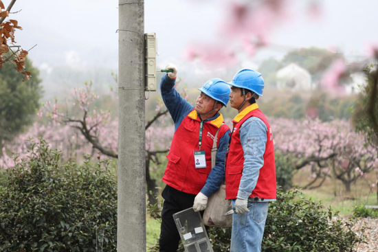 3月16日，在安徽省马鞍山市桃花村，国网马鞍山供电公司护河镇供电所尹小飞、占腊保对网红农家乐“桃花坞”的电表箱进行安全检查。常舜禹 摄