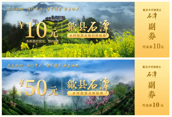 石潭体验券正面,分别为线上预约和线下购买的样券