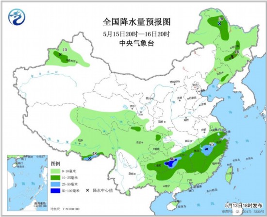 图3 全国降水量预报图(5月15日20时-16日20时)