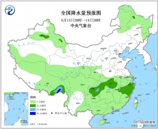 图1 全国降水量预报图(5月13日20时-14日20时)