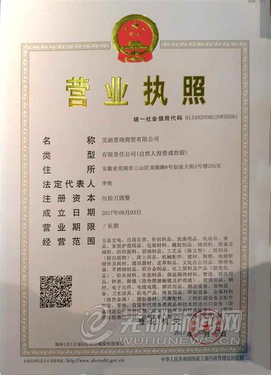 芜湖市首张多证合一营业执照发放