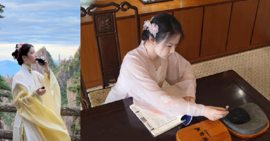 图1：狮林大酒店山顶李祯同款旅拍；图2：华山宾馆复刻李祯研墨写字