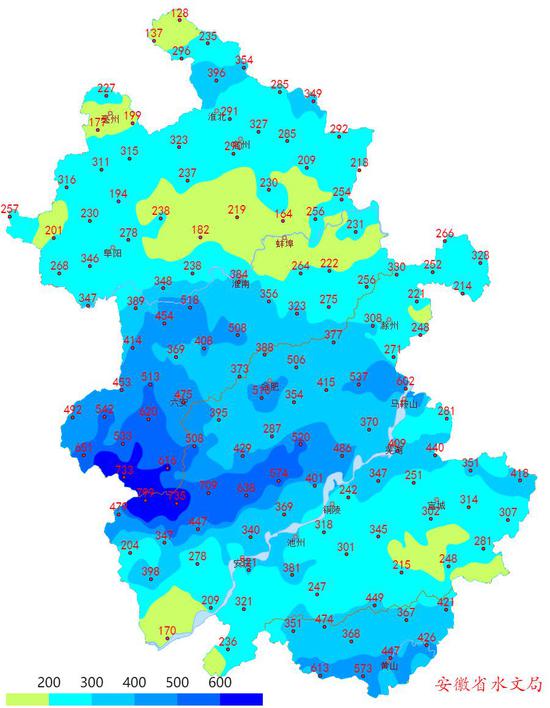 安徽省降雨量等值线图 　　2020年6月10~28日（入梅以来）