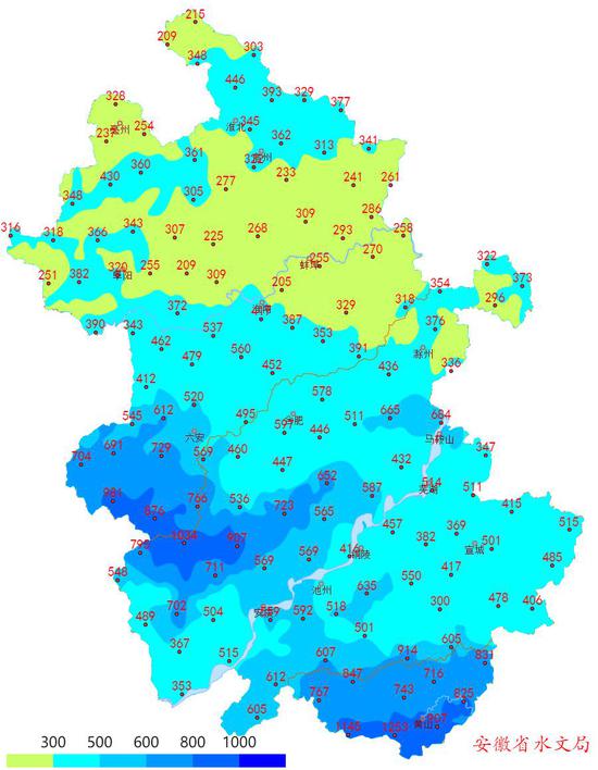 安徽省降雨量等值线图 　　2020年5月1日~6月28日（入汛以来）