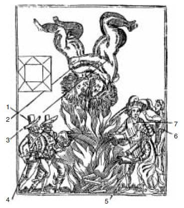 图为英国占星学家威廉-利利1652年出版的著作中的插图。作者称，这是一幅特殊的算命天宫图，其中预言了1666年著名的“伦敦大火”。