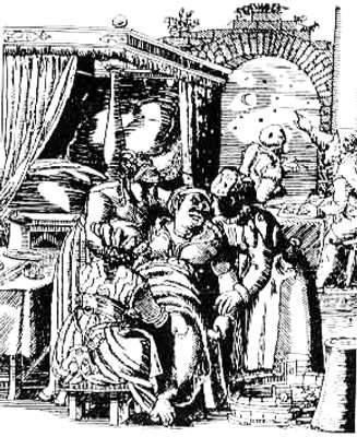 图为占星师与临盆的产妇。助产士正在照料产妇，占星师手指天空向男主人讲解桌上的天宫图。1587年木版画。