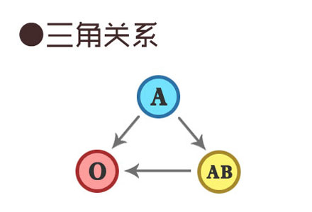 四种血型的三角关系：　A-O-AB型血组合
