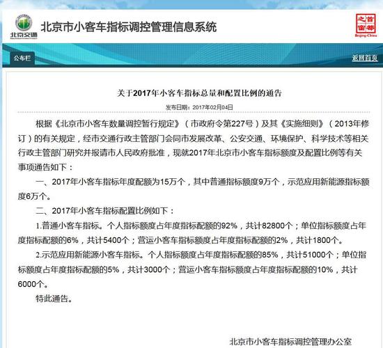 北京发布2017年小客车指标总量和配置比例 个人指标8．28万