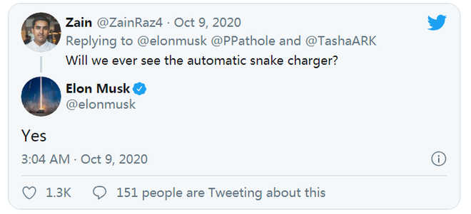 （图：马斯克确认自动机器人充电器计划）