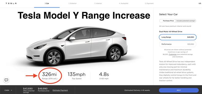 目前Model Y车型的最新续航里程已经出现在了特斯拉官网的数据库中。