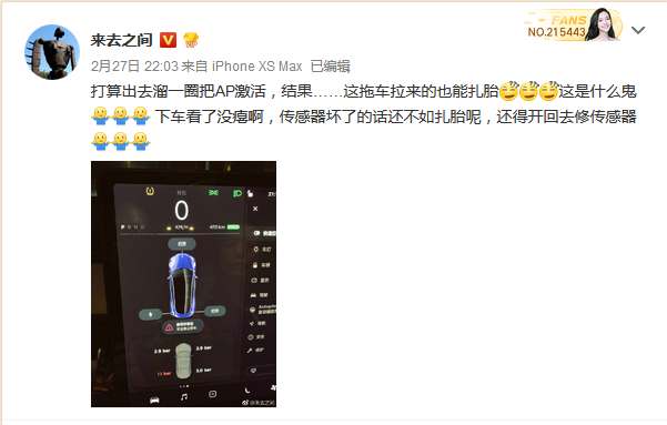 微博CEO入手Model 3第一圈就出问题：车胎警报