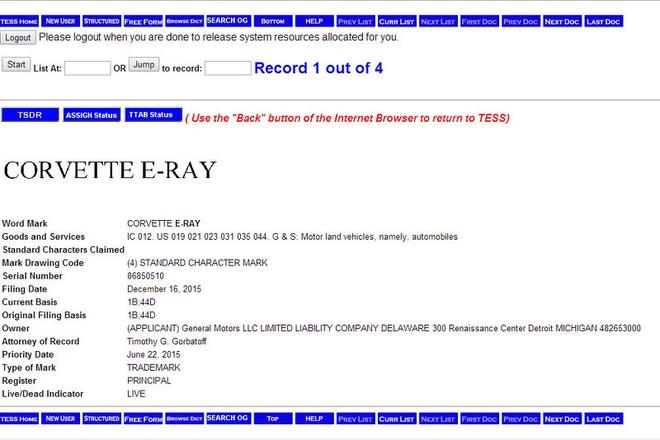 “Corvette E-Ray”商标注册记录
