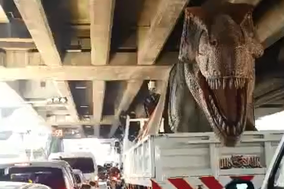 视频：马路上惊现恐龙！后方司机太淡定