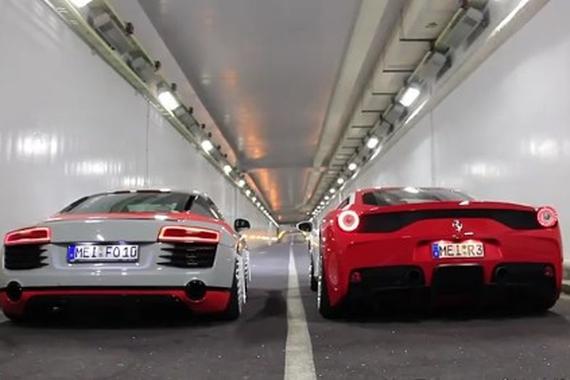视频：冤家路窄，法拉利458 vs 奥迪R8