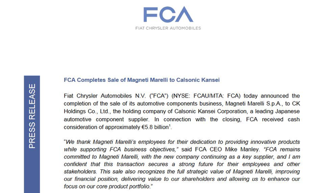 58亿欧元！FCA完成出售旗下零部件公司马瑞利
