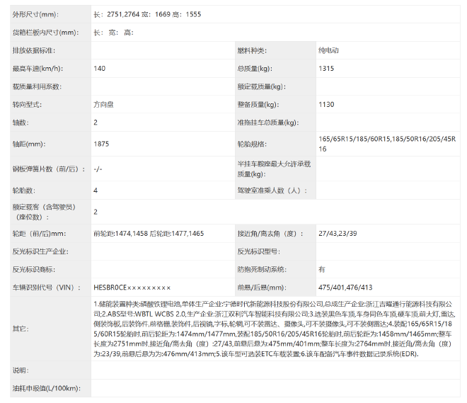 smart精灵#2申报信息 车长2751mm