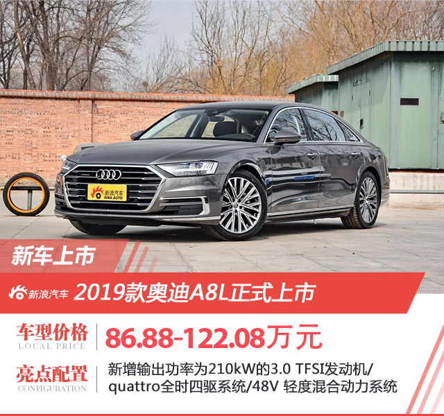 2019款奥迪A8L正式上市 售价区间86.88-122.08万元