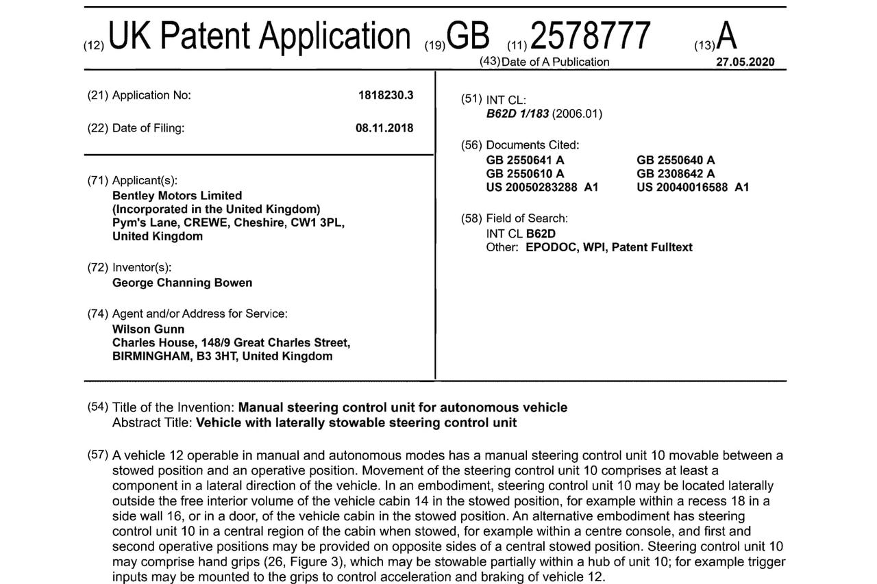 宾利申请自动驾驶汽车方向盘专利 或用于首款电动车上
