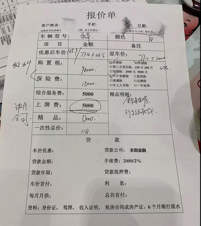 销售人员给记者开出的丰田埃尔法购车报价单 销售人员给记者开出的丰田埃尔法购车报价单