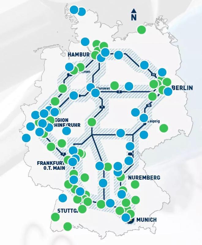 H2M在德国已经运营（绿色）及在建加氢站（蓝色）示意图