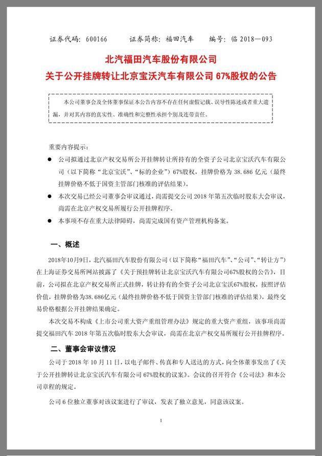 北汽福田出让宝沃67%股权 不构成重大资产重组