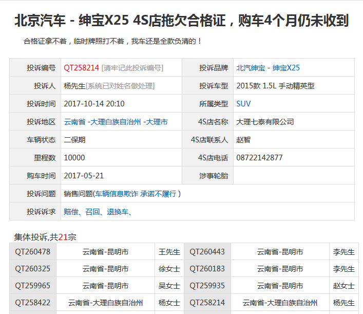 信息来源:汽车投诉网