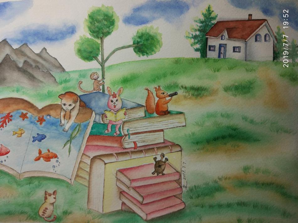 作者：东。原图片是一个孩子在翻书，我觉得把他改成一只喵咪，加上成摞的书，几只小动物，加上房子草地蓝天，这就是我想要的。
