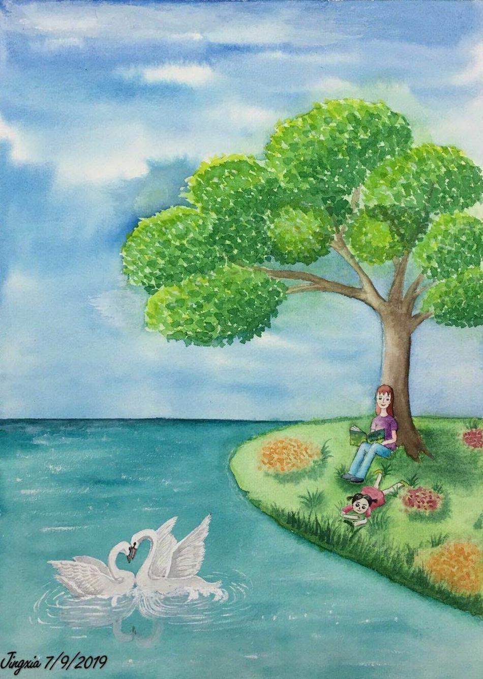 作者：Jingxia。宇宙里，我是一颗尘埃，是星星的孩子，家庭里我是一片天，是孩子的妈妈，我是一棵树，是丈夫坚强的后盾。很高兴学会了绘画，使我得以静心聆听内心，感受过往，享受当下，人生本无意义，是我赋予人生意义。