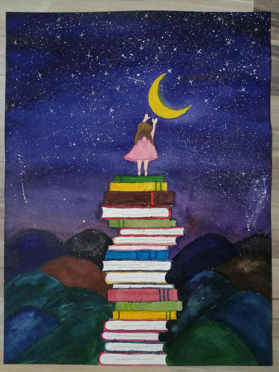 作者：肖肖。生活在帝都的宝妈。这幅画是孩子们根据自己看过的一本绘本半临摹半创作出来的，上色有水彩还有儿童用的水彩笔，背景的天空是妈妈用水彩刷的。