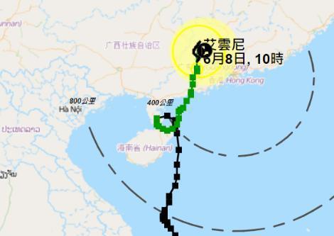 热带风暴艾云尼路径图。来源:明报新闻网。